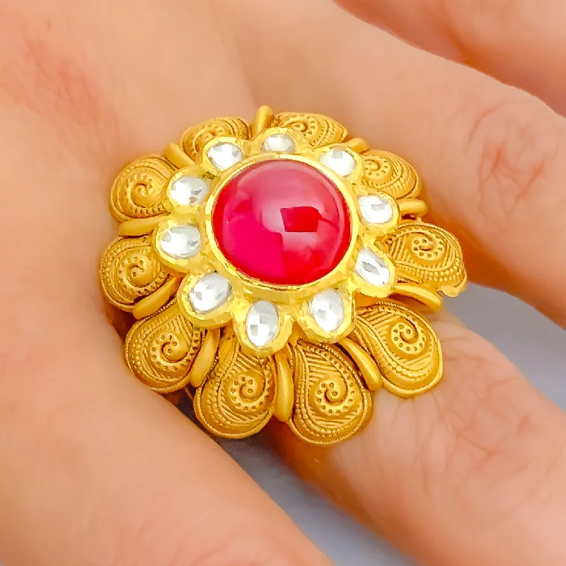 Simple gold rings for women -Bold Engraved 22k Gold Antique Finish Flower Ring