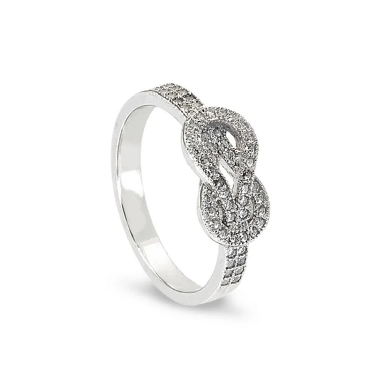 Pear-shaped engagement rings for women -Platinum Finish Sterling Silver Micropave Knot Ring with Simulated Diamonds