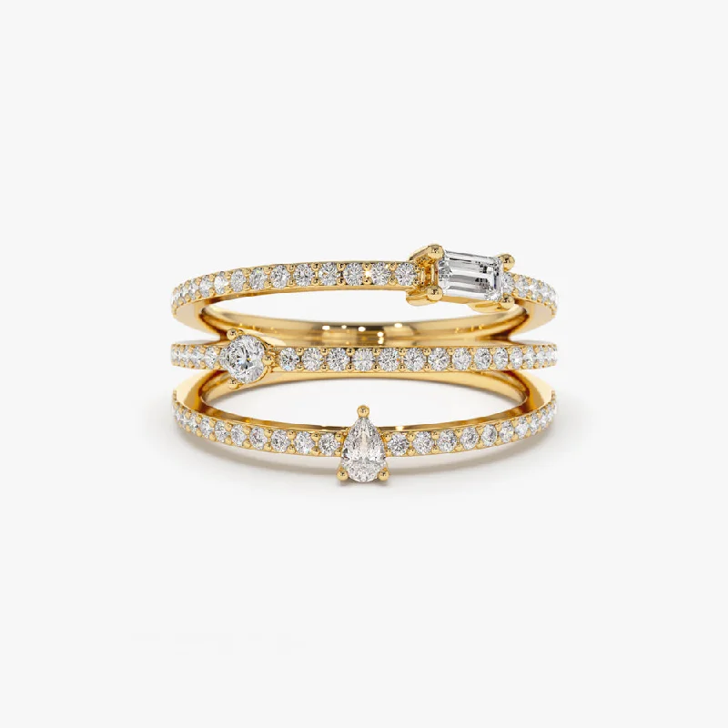 High-end luxury engagement rings for women -14k Gold Triple Row Mix Diamond Statement Ring