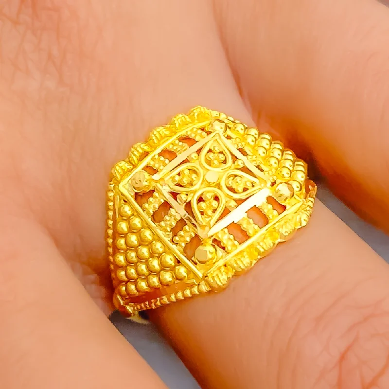 Classic wedding rings for women -Classy Geometric Beaded 22K Gold Ring