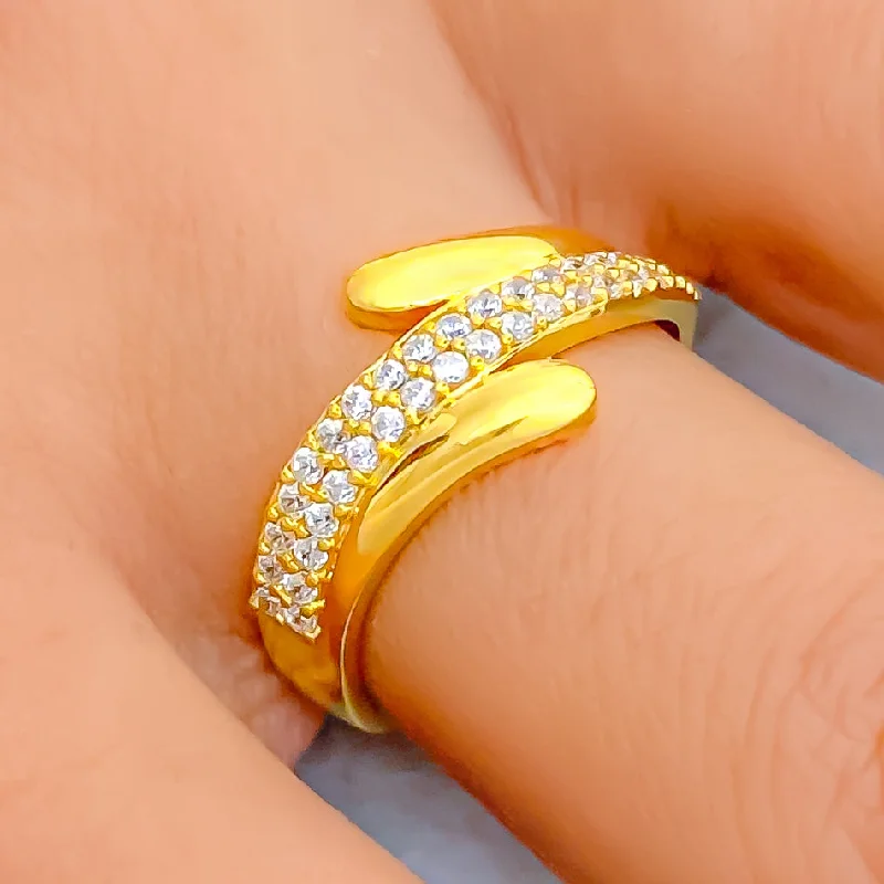 Sparkling rings for women -Delicate Curved 22k Gold CZ Ring