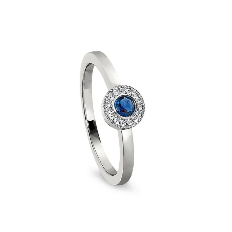 Engagement rings with gemstone accents for women -Platinum Finish Sterling Silver Micropave Round Simulated Sapphire Ring with Simulated Diamonds Size 7