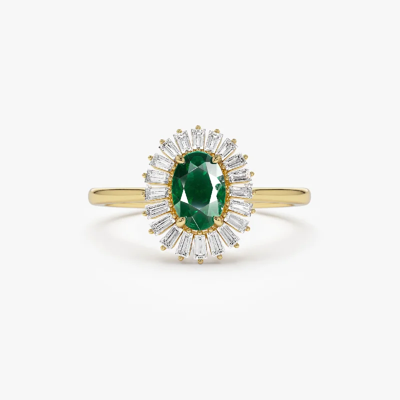 Oval diamond engagement rings for women -14k Baguette Diamond Ballerina Oval Emerald Ring