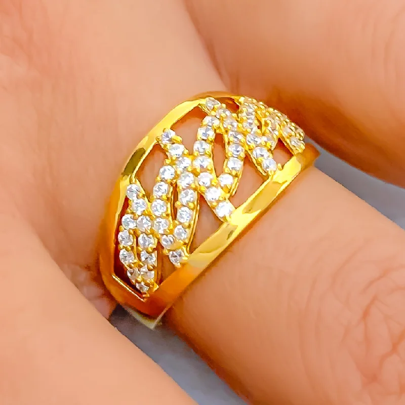 Modern solitaire rings for women -Ornate Open Leaf 22k Gold CZ Ring