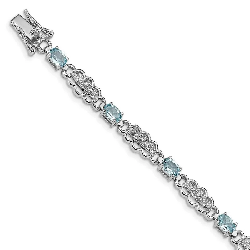 Silver diamond bracelets for women -Curata 925 Sterling Silver Textured Polished Box Catch Closure Aquamarine and Diamond Bracelet