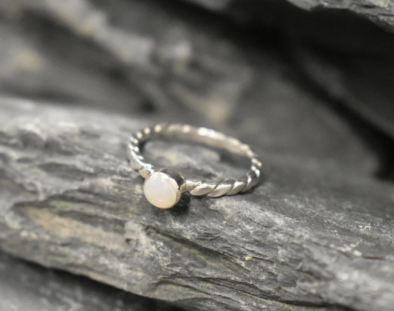 Affordable gold rings for women -Australian Opal Ring - White Promise Ring - Twisted Silver Band