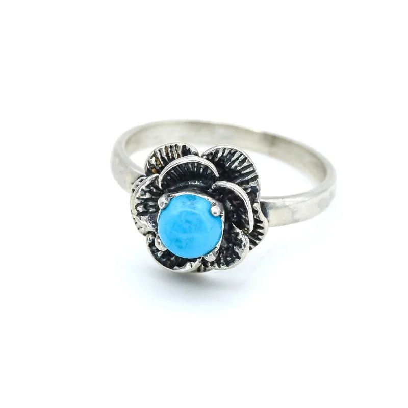 Pearl rings for women -Genuine Turquoise Ring - Blue Solitaire Ring - Rose Flower Ring