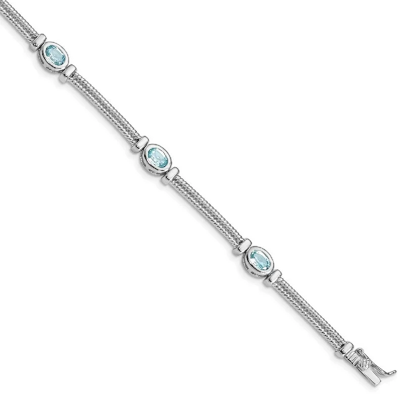 Stylish bangles for women -Curata 925 Sterling Silver Textured Polished Box Catch Closure Blue Topaz Bracelet 7 Inch Box Clasp