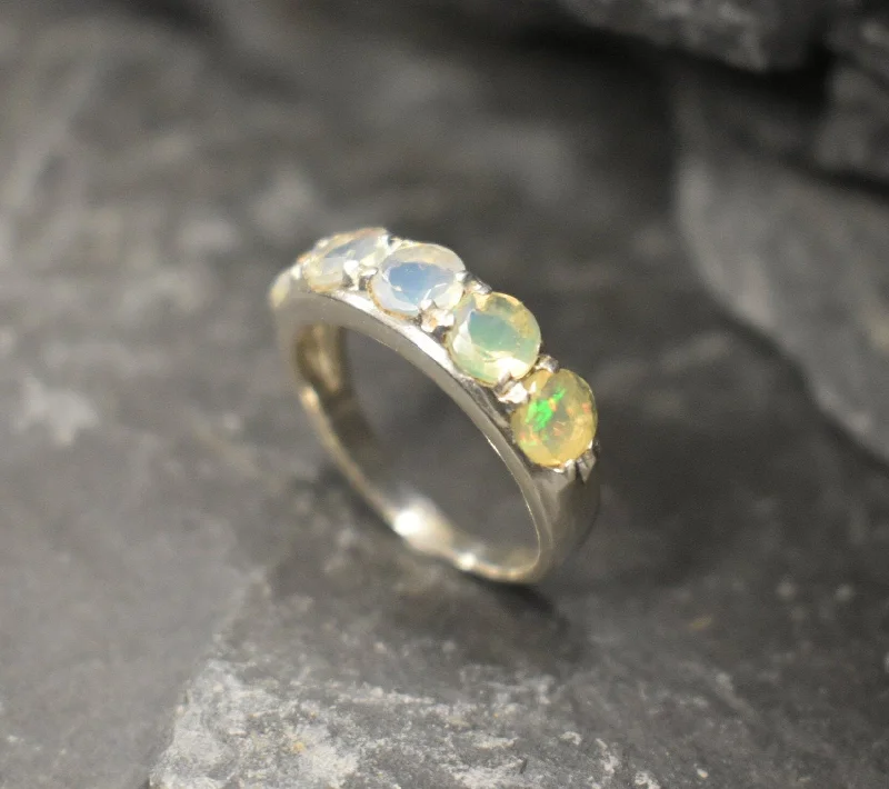 Adjustable diamond rings for women -White Opal Band - Natural Ethiopian Opal, October Birthstone Ring