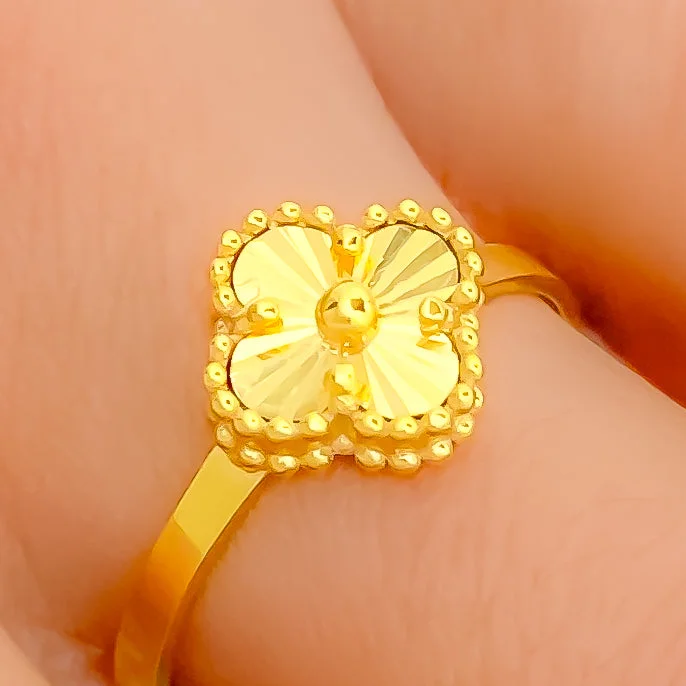 Adjustable diamond rings for women -Brilliant Bright 21k Gold Clover Ring - Size 7.5