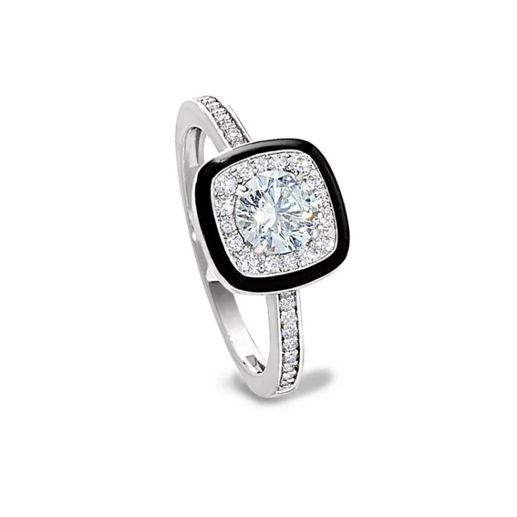 Custom-designed engagement rings for women -Platinum Finish Sterling Silver Micropave Cushion Cut Ring with Thin Black Enamel and Simulated Diamonds - Size 6