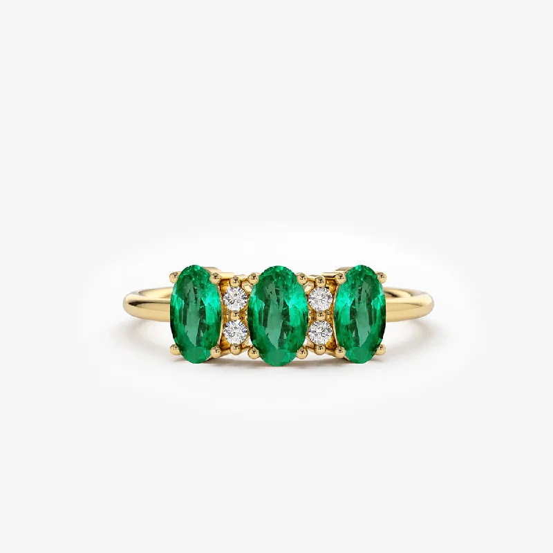 Unique gemstone engagement rings for women -14k Triple Oval Emerald Diamond Ring