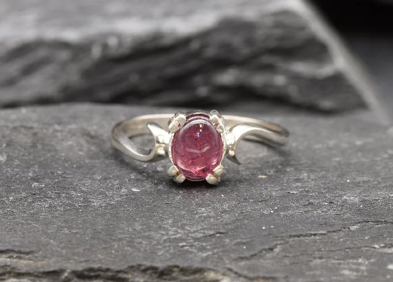 Custom diamond rings for women -Pink Tourmaline Ring - Pink Solitaire Ring - Silver Wave Band