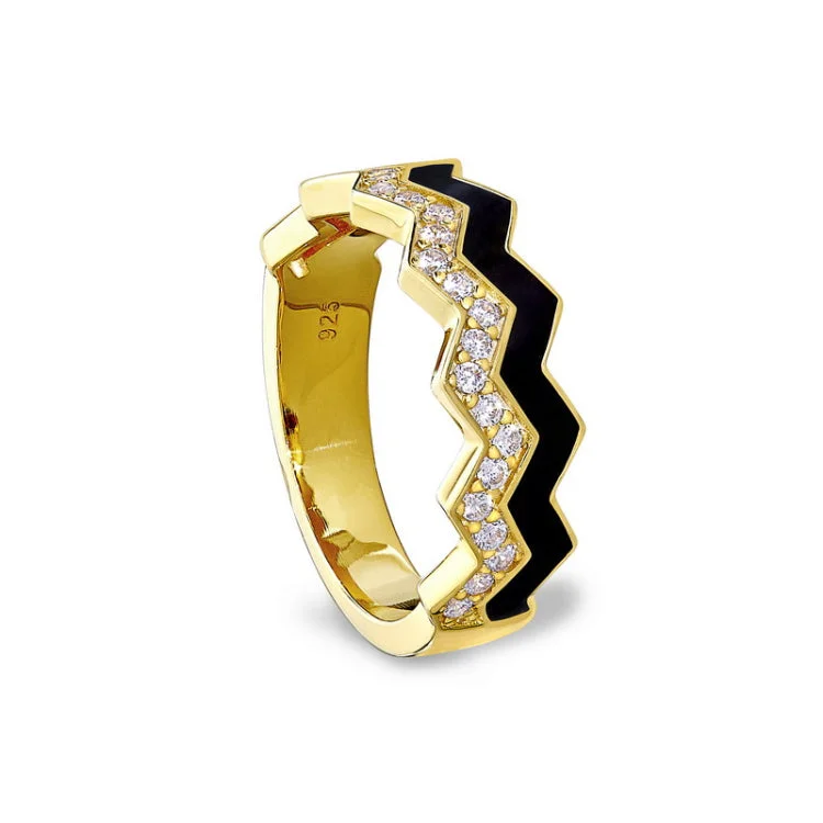 Art deco engagement rings for women -Gold Vermeil Sterling Silver Micropave Ring with with Black Enamel and Simulated Diamondss