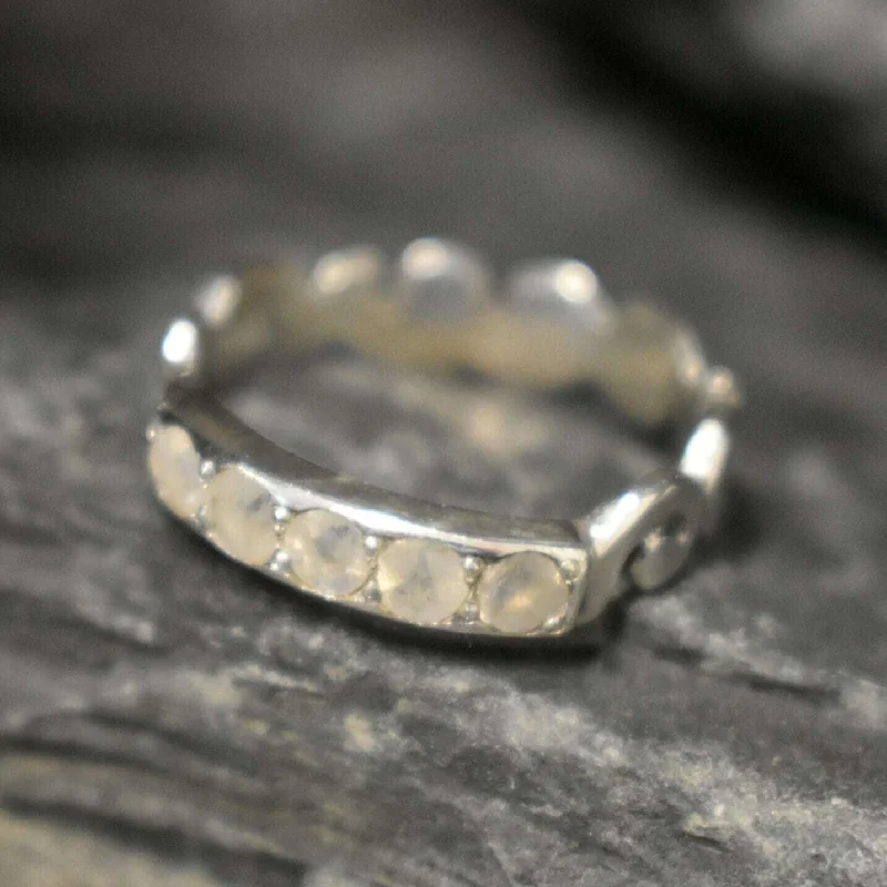 Zircon rings for women -Half Eternity Band - Natural Rainbow Moonstone, White Wave Band