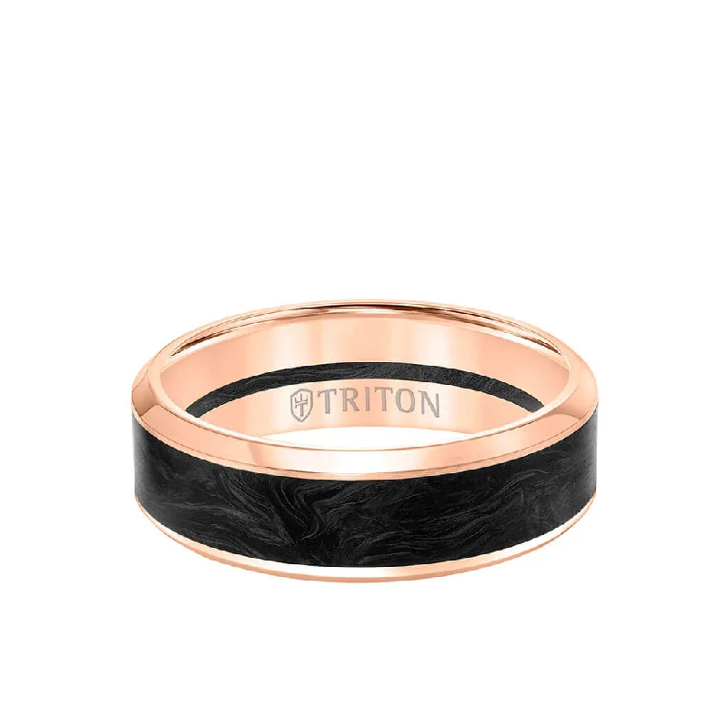 Luxury gemstone rings for women -7MM 14K Gold Ring + Forged Carbon - Channel Center & Bevel Edge