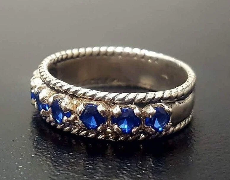 Personalized rings for women -Wide Sapphire Band - Blue Half Eternity Ring - Vintage Stackable Ring