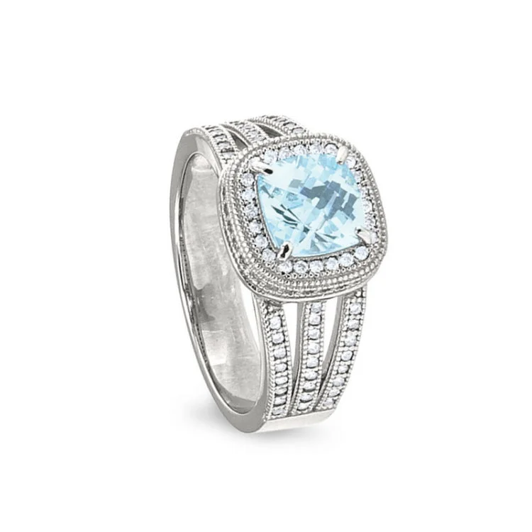 Personalized engagement rings for women -Platinum finish sterling silver micropave ring with simulated aquamarine and simulated diamonds