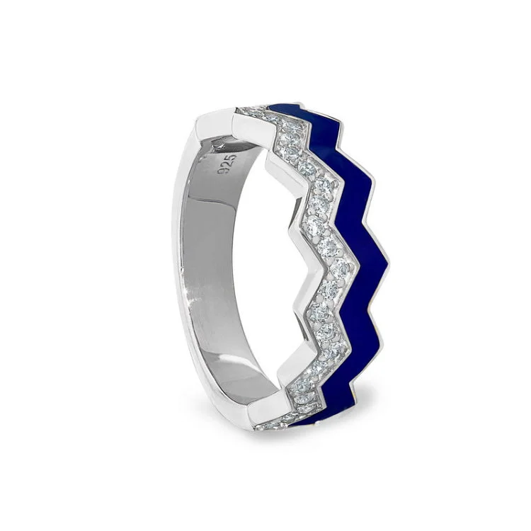 High-quality engagement rings for women -Platinum Finish Sterling Silver Micropave Ring with with Navy Enamel and Simulated Diamondss