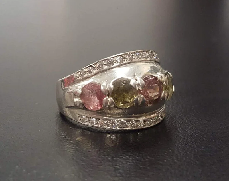 Silver diamond rings for women -Tourmaline Ring - Colorful Statement Band - Chunky Silver Ring