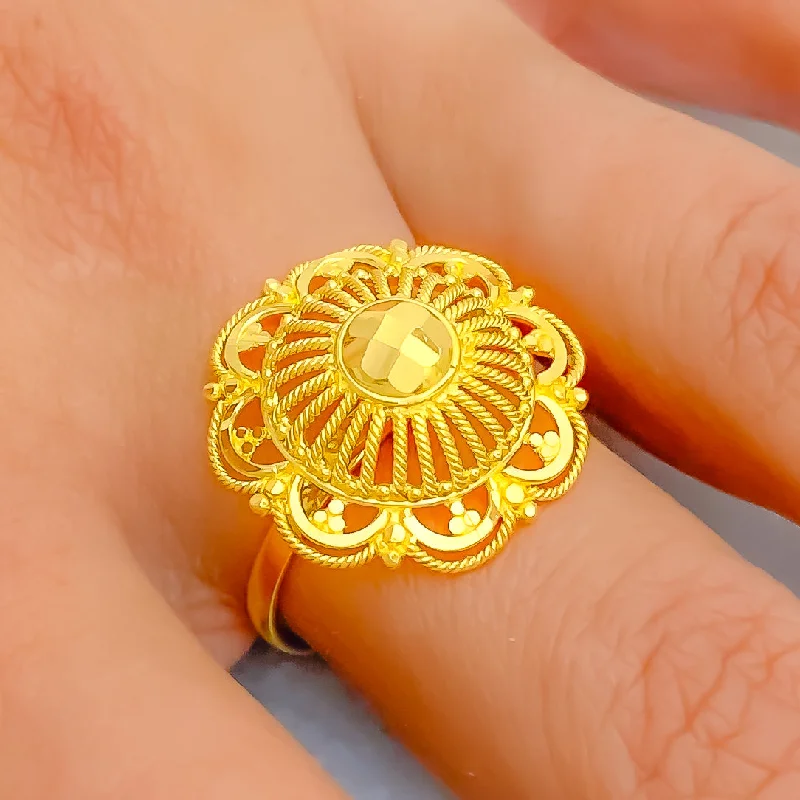 Custom-designed rings for women -Modish Striped Flower 22K Gold Ring