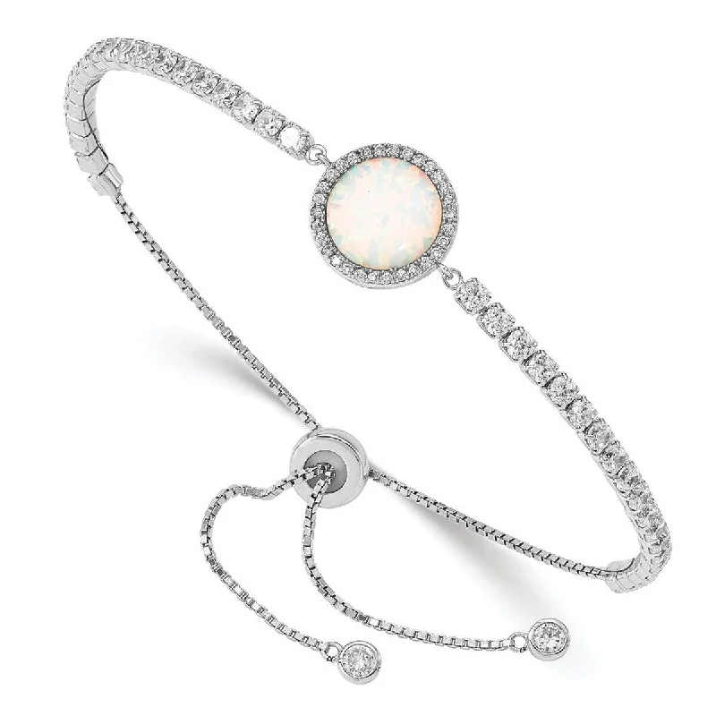 Tennis bangles for women -Curata 925 Sterling Silver Rhodium Plated Lab Simulated Opal and Cubic Zirconia Adjustable Bracelet