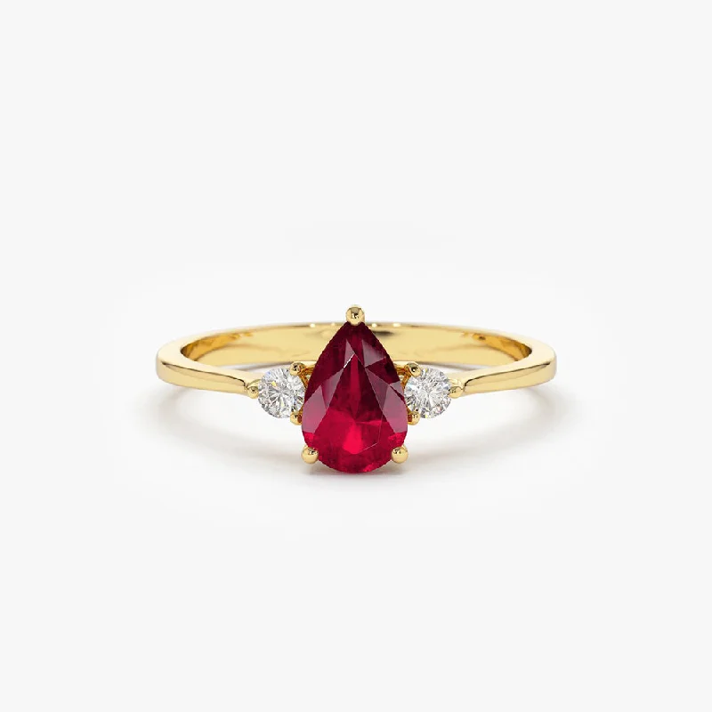 Unique engagement rings for women -14K Pear Shape Ruby Ring with Diamonds