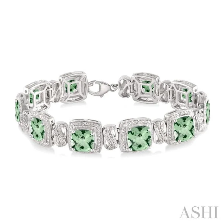 Layered bracelets for women -7x7  MM Cushion Shape Green Amethyst and 1/10 ctw Single Cut Diamond Square Shape Bracelet in Sterling Silver