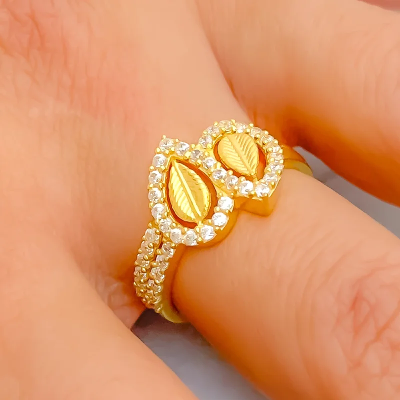 Trendy rings for women -Ethereal Layered 22k Gold CZ Leaf Ring