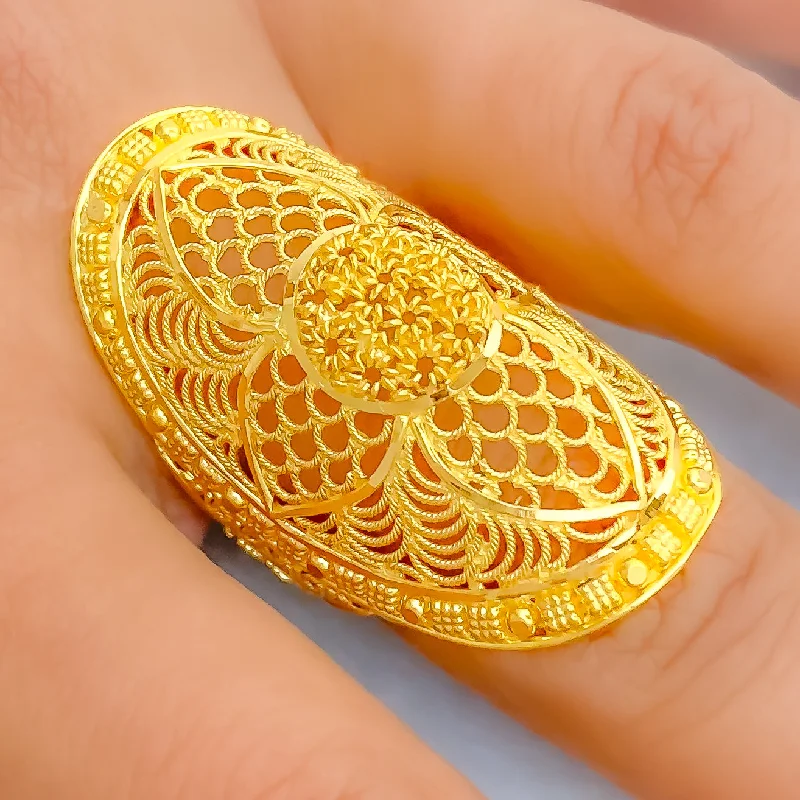 Boho rings for women -Lavish Netted 22k Gold Elongated Floral Ring