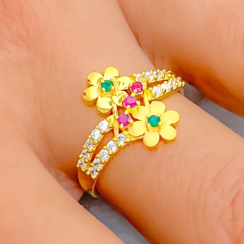 Modern rings for women -Dainty Blooming Flower 22k Gold CZ Ring