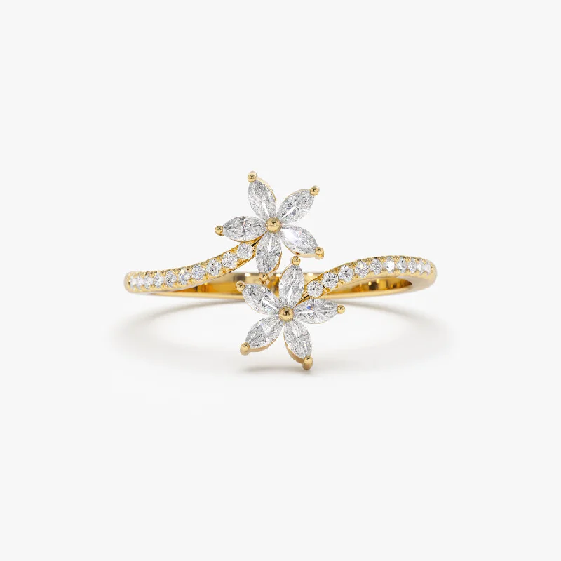 Platinum engagement rings for women -Marquise Diamond Flower Bypass Ring in 14k