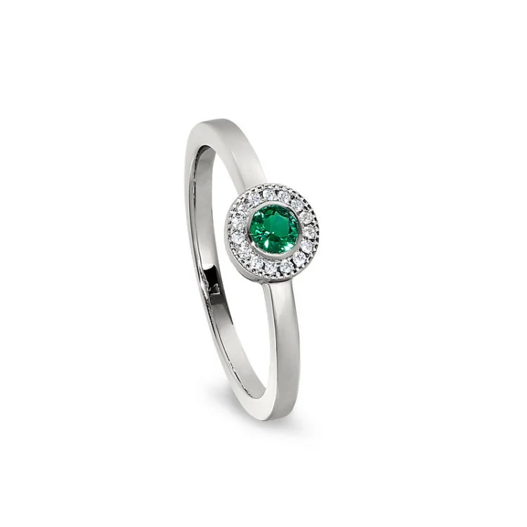 Floral engagement rings for women -Platinum Finish Sterling Silver Micropave Round Simulated Emerald Ring with Simulated Diamonds Size 7