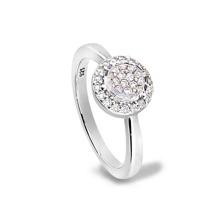 Oval engagement rings for women -Platinum Finish Sterling Silver Micropave Round Ring with Simulated Diamonds - Size 9