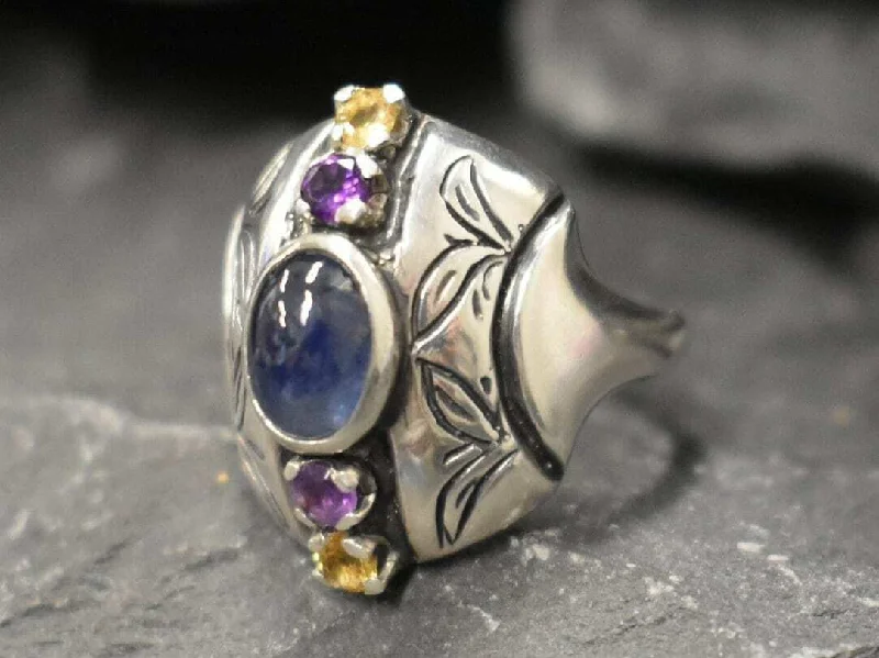 Vintage-inspired rings for women -Genuine Sapphire Ring - Genuine Citrine Amethyst Ring - Blue Yellow Purple Tribal Ring