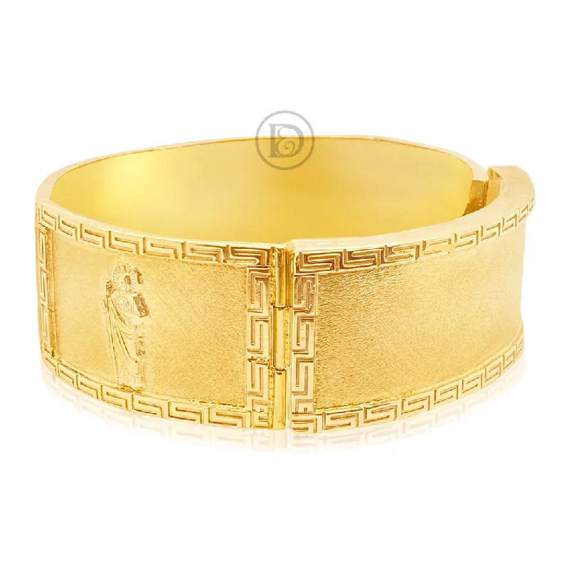 Birthstone bangles for women -10K Yellow Gold Personalize ID Name Bracelet with Saint Jude and Greek Key