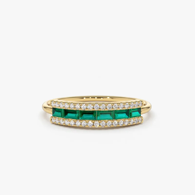 Stackable diamond engagement rings for women -14k Baguette Emerald and Diamonds Ring