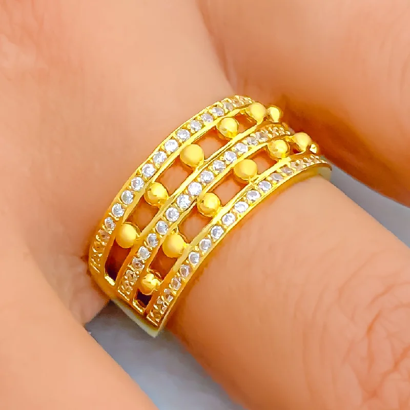 Vintage gemstone rings for women -Evergreen Striped 22k Gold CZ Ring