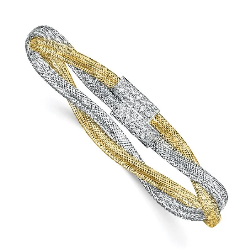 Gold bangles with diamonds for women -Curata 14k and White Rhodium CZ Cubic Zirconia Simulated Diamond Polished Mesh Stretch Bracelet