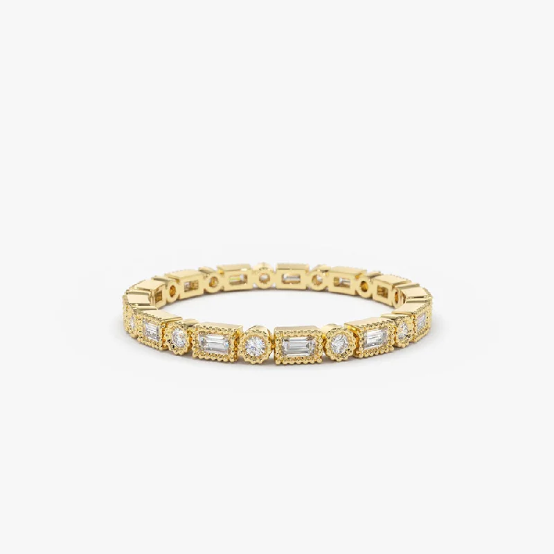 Custom engagement rings for women -14K Baguette & Round Diamond Milgrain Bezel Full Eternity Ring