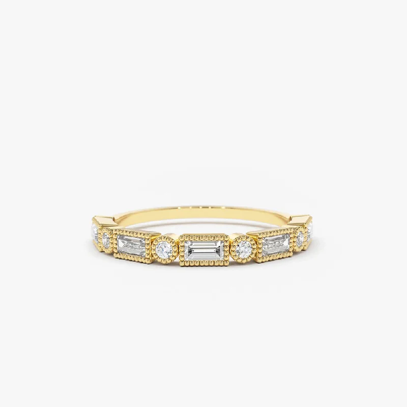 Cushion cut engagement rings for women -14K Gold Baguette and Round Diamond Ring