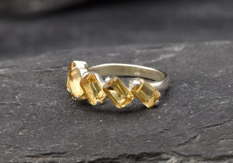 Simple wedding rings for women -Citrine Baguette Ring - Yellow Gemstone Ring - Natural Citrine Ring