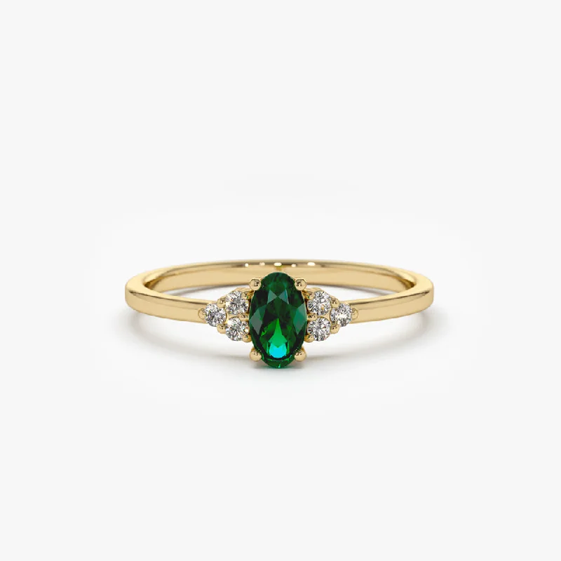 Simple engagement rings for women -14K Oval Emerald and Diamond Ring