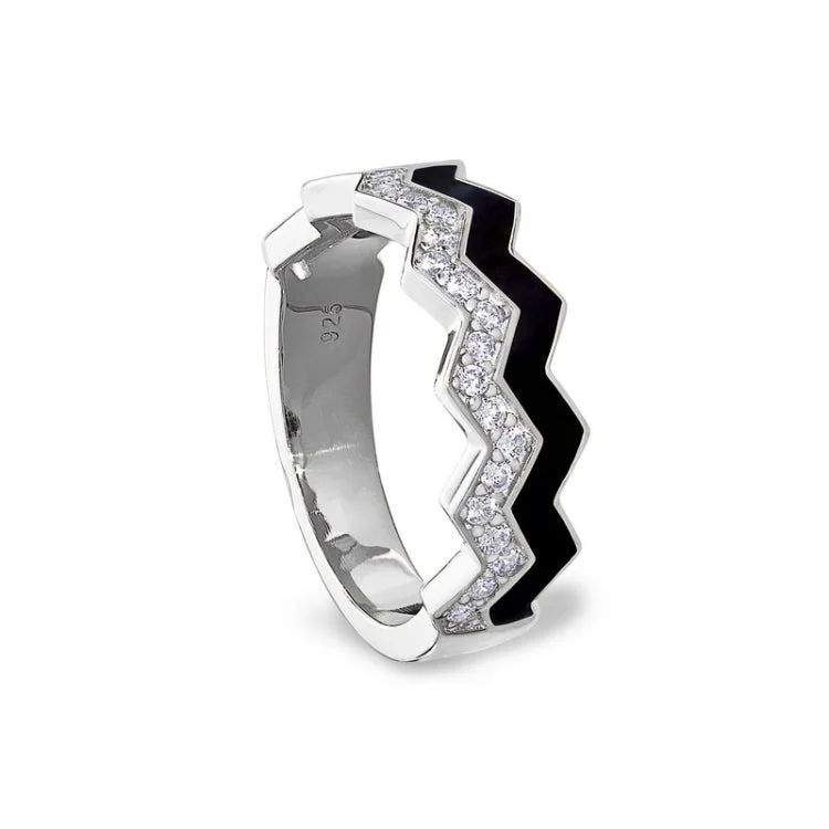 Two-tone engagement rings for women -Platinum Finish Sterling Silver Micropave Ring with with Black Enamel and Simulated Diamondss