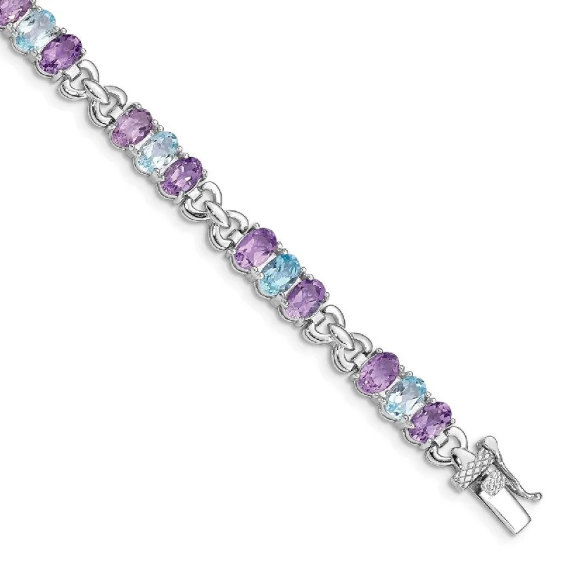 Classic bracelets for women -Curata 925 Sterling Silver Polished Safety bar Box Catch Closure Amethyst and Blue Topaz Bracelet 7.25 Inch Box Clasp