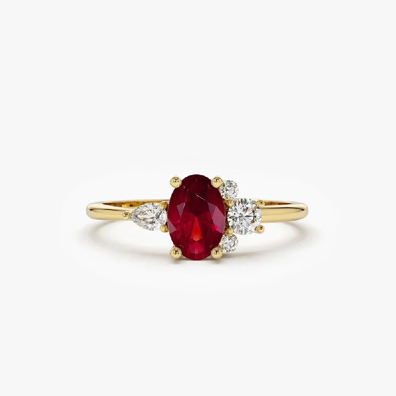 Stackable engagement rings for women -14k Diamond and Oval Ruby Ring