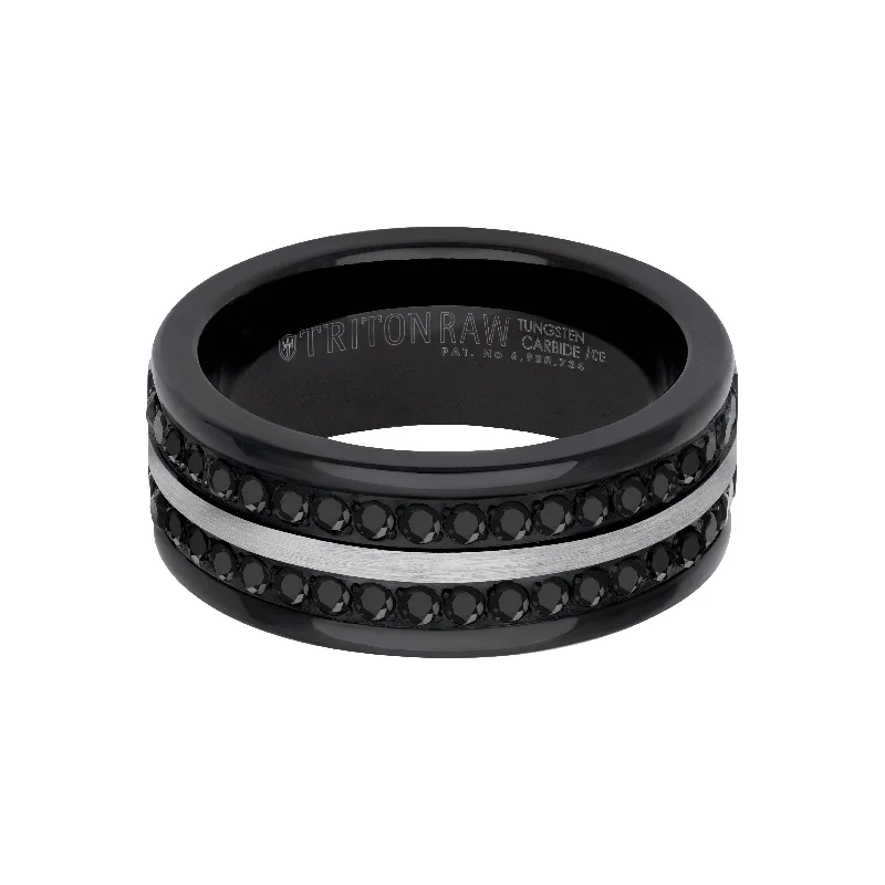 Round rings for women -9MM Tungsten Carbide Ring - Double Row Eternity Black Heat-Treated Sapphires and Center Line with Rounded Edge