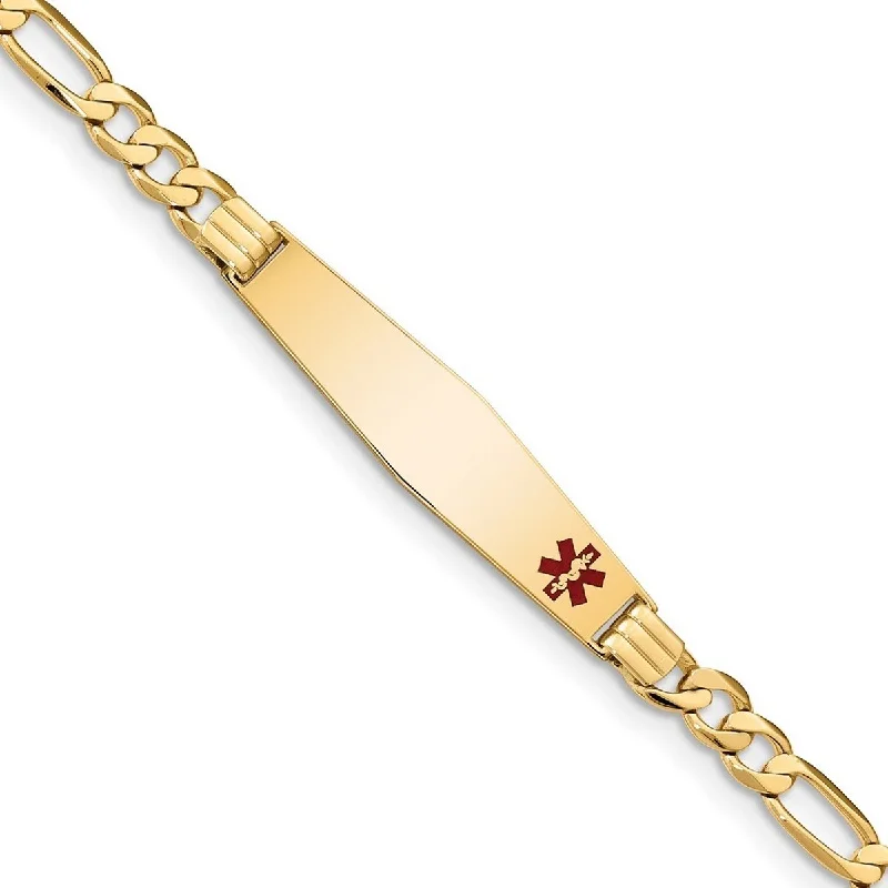 Vintage charm bracelets for women -Curata 14k Yellow Gold 9.5mm Engravable Medical Red Enamel Flat Figaro ID Bracelet