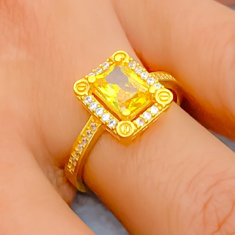 Birthstone rings for women -Posh Contemporary 22k Gold CZ Ring w/ Solitaire Stone