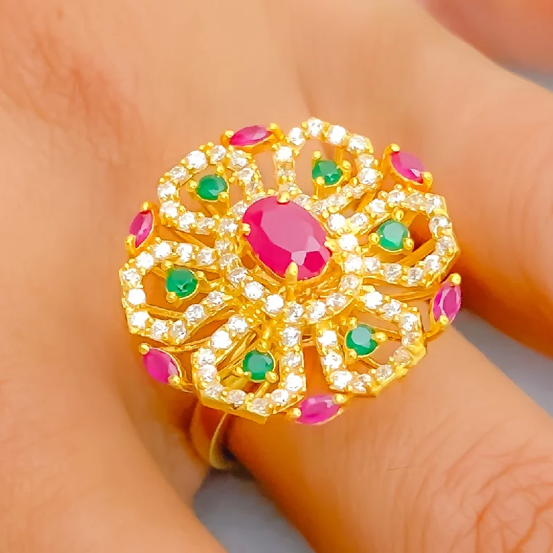 Engagement rings with diamond accents for women -Stylish Colorful 22k Gold CZ Statement Ring